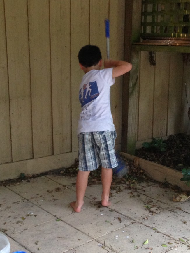 sweeping up the leaves