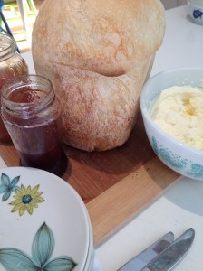 Homemade bread, jam and cream